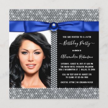 Womans Royal Blue Diamond Photo Birthday Party Invitation by Pure_Elegance at Zazzle