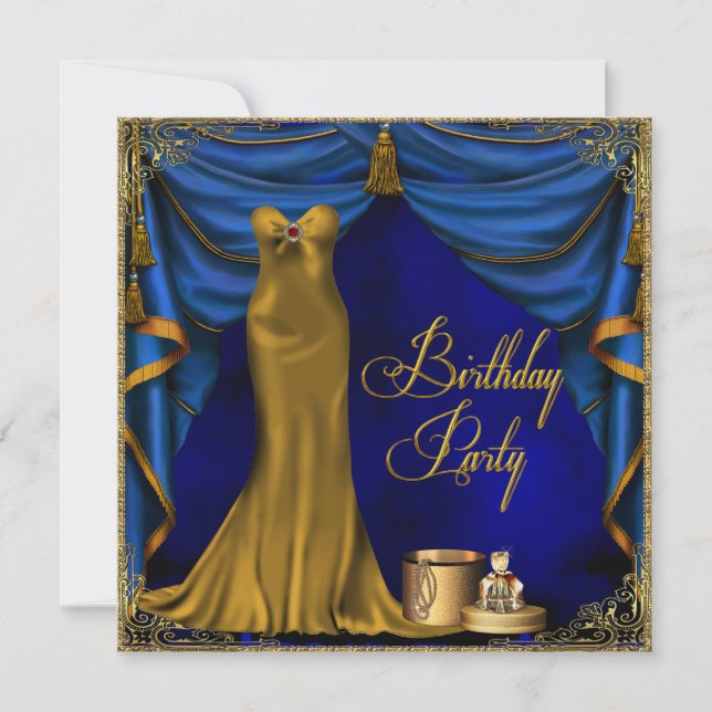 Womans Royal Blue Gold Art Deco Birthday Party Invitation (Front)