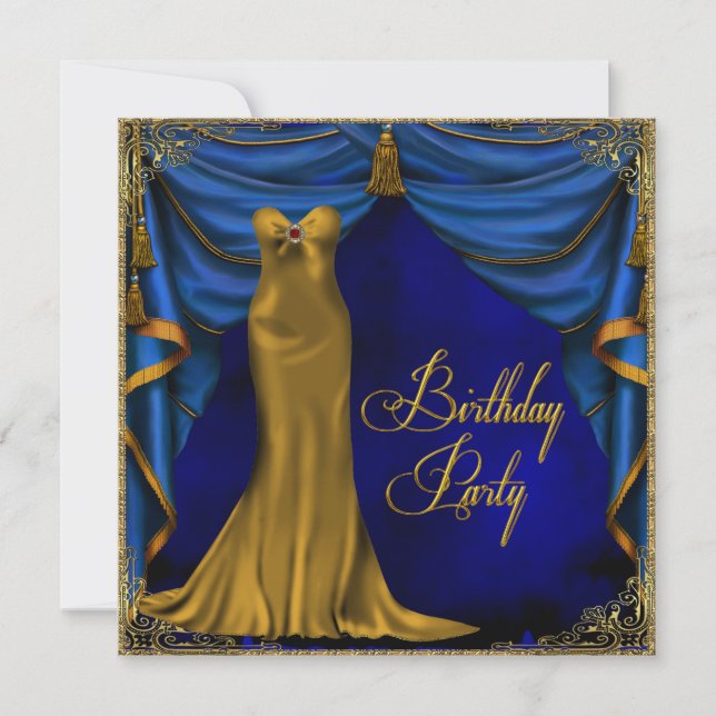 Womans Royal Blue Gold Art Deco Birthday Party Invitation (Front)