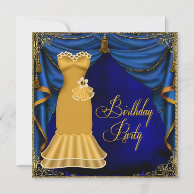 Womans Royal Blue Gold Art Deco Birthday Party Invitation (Front)