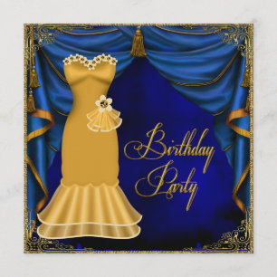 Womans Royal Blue Gold Art Deco Birthday Party Invitation