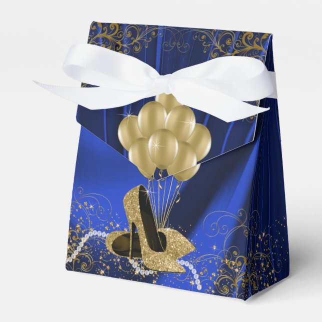 Womans Royal Blue Gold Birthday Party Favor Boxes (Front Side)