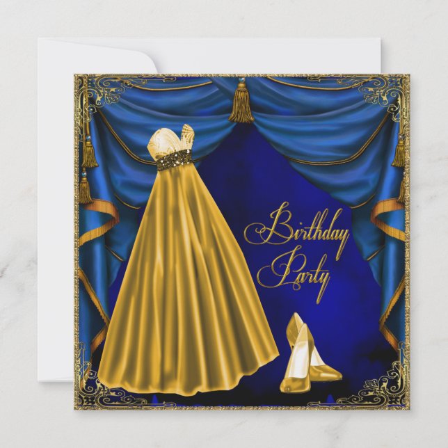 Womans Royal Blue Gold Birthday Party Invitation (Front)