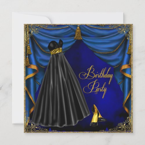 Womans Royal Blue Gold Birthday Party Custom Announcement
