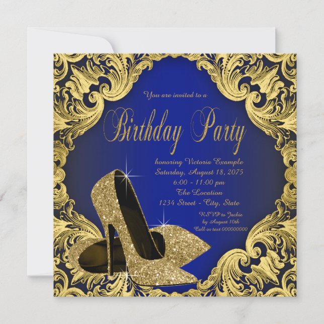 Womans Royal Blue Gold Birthday Party Invitation (Front)