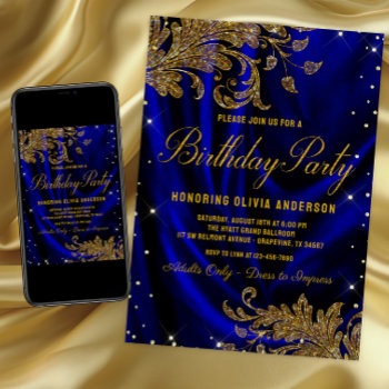 Womans Royal Blue Gold Birthday Party Invitation by Pure_Elegance at Zazzle