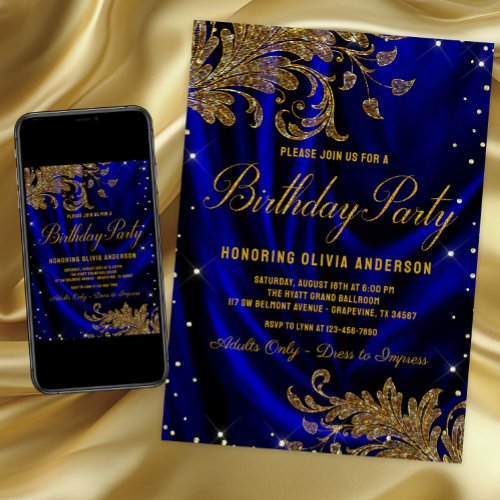 Womans Royal Blue Gold Birthday Party Invitation