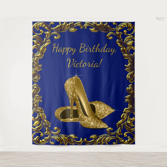 Womans Royal Blue Gold Birthday Party XL Backdrop (Front)