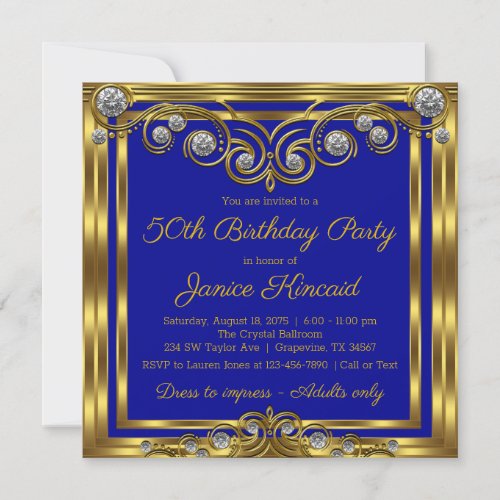 Womans Royal Blue Gold Diamond Birthday Party Invitation