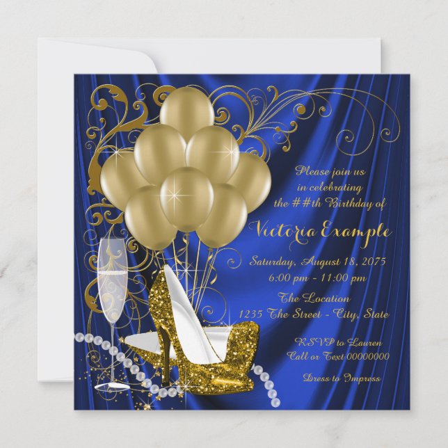 Womans Royal Blue Gold Glam Pearl Birthday Party Invitation (Front)
