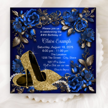 Womans Royal Blue Gold Shoe Birthday Party Invitation by Pure_Elegance at Zazzle