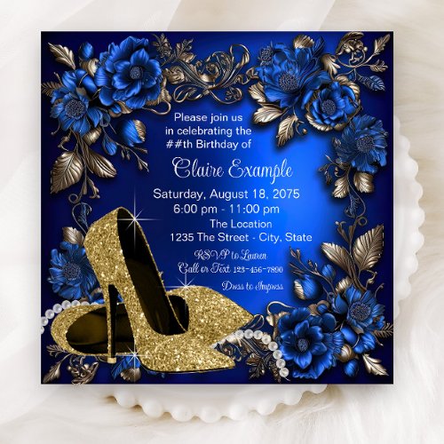 Womans Royal Blue Gold Shoe Birthday Party Invitation