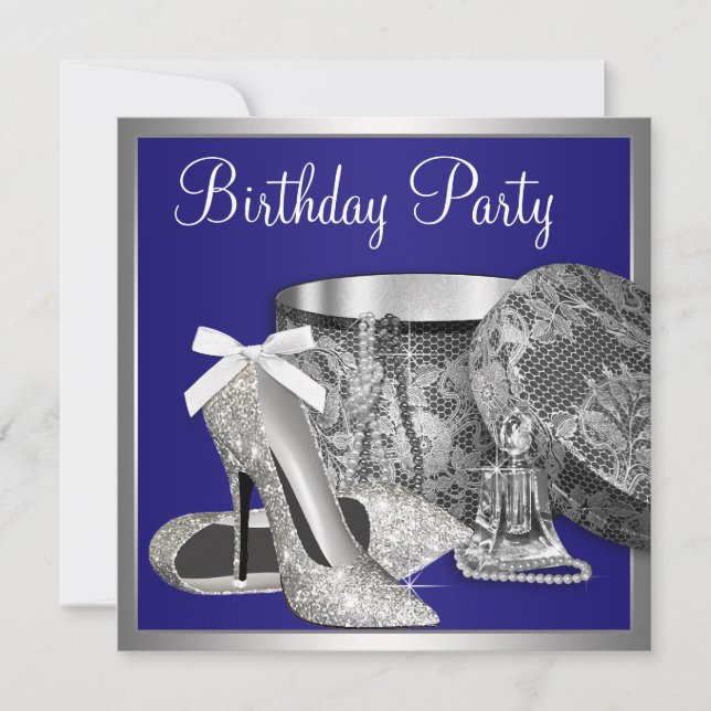 Womans Royal Blue Silver Birthday Party Invitation (Front)