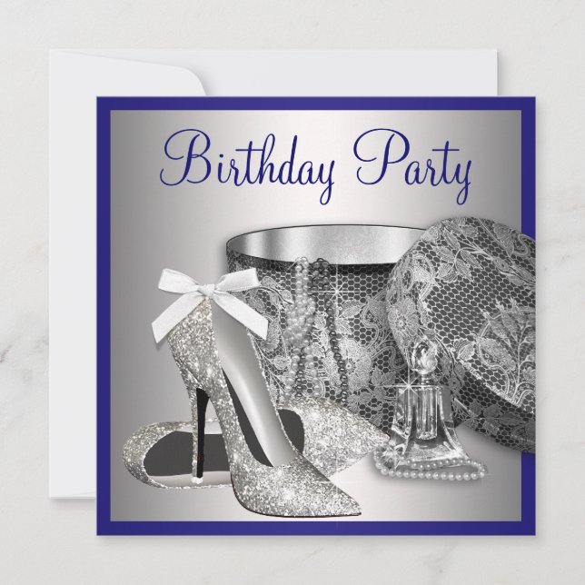 Womans Royal Blue Silver Birthday Party Invitation (Front)