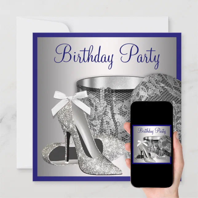 Womans Royal Blue Silver Birthday Party Invitation Zazzle