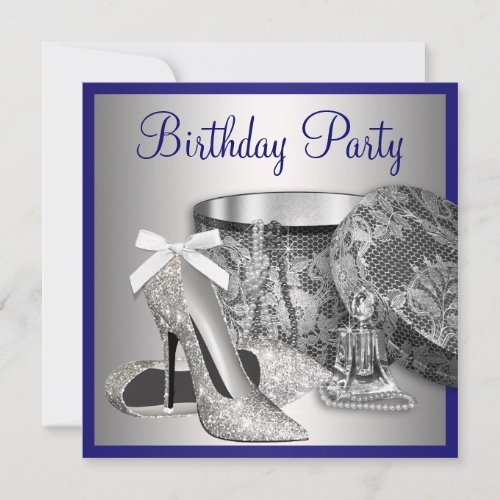 Womans Royal Blue Silver Birthday Party Invitation