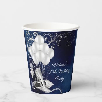Womans Royal Blue Silver Birthday Party Paper Cups by Pure_Elegance at Zazzle