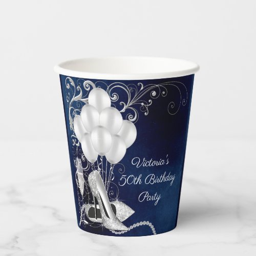 Womans Royal Blue Silver Birthday Party Paper Cups