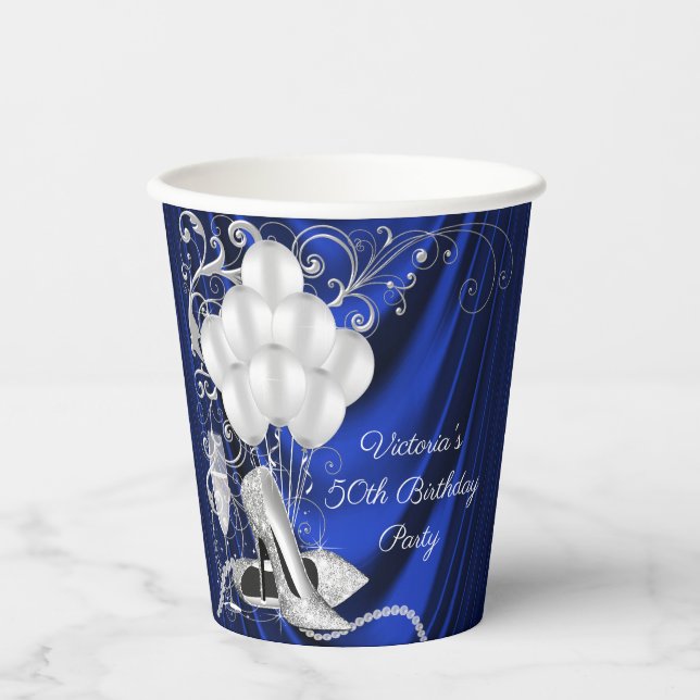 Womans Royal Blue Silver Birthday Party Paper Cups (Front)