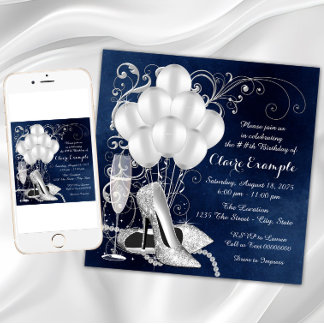 Womans Royal Blue Silver Elegant  Birthday Party Invitation