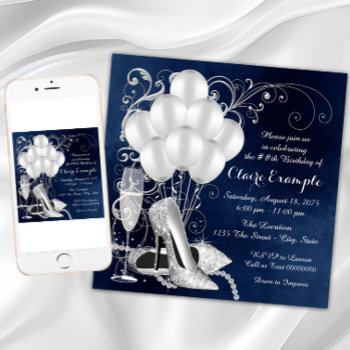 Womans Royal Blue Silver Elegant  Birthday Party Invitation by Pure_Elegance at Zazzle