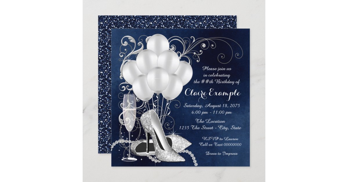 Womans Royal Blue Silver Elegant Birthday Party Invitation | Zazzle