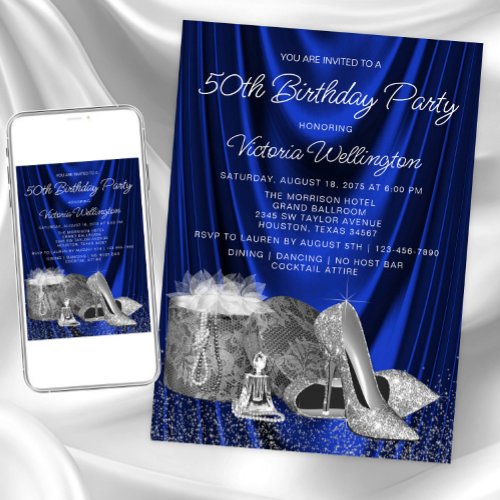 Womans Royal Blue Silver Shoe Any Number Birthday Invitation