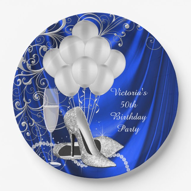 Womans Royal Blue Silver Shoe Party Paper Plates (Front)