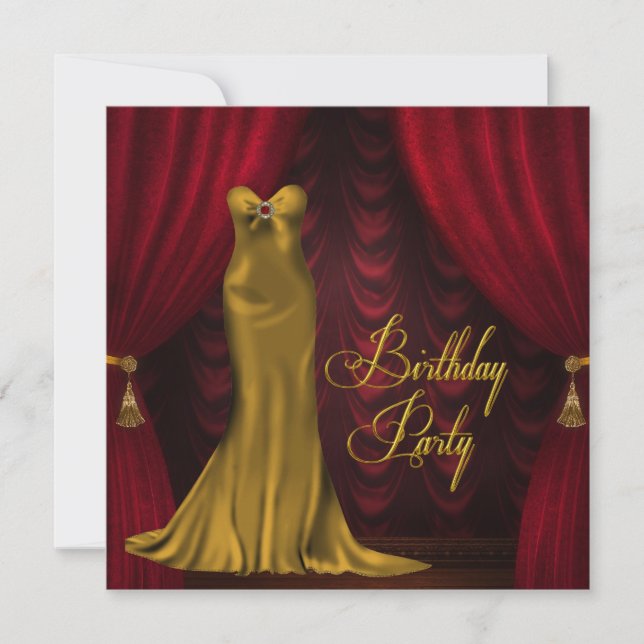 Womans Ruby Red Gold Art Deco Birthday Party Invitation (Front)