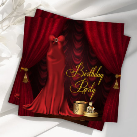Womans Ruby Red Gold Birthday Party Invitation