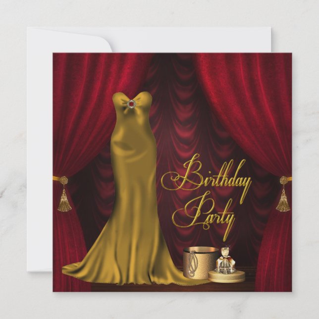 Womans Ruby Red Gold Birthday Party Invitation (Front)