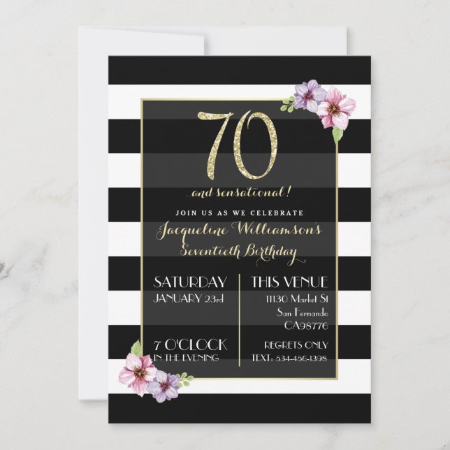 Woman's Seventy & Sensational | B&W Floral Stripe Invitation (Front)