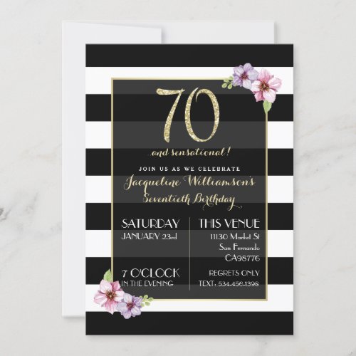 Womans Seventy  Sensational  BW Floral Stripe Invitation