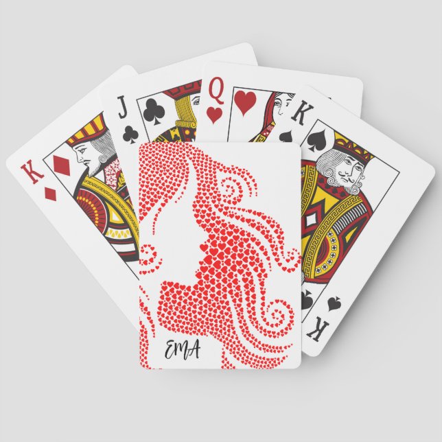Woman's Silhouette in Tiny Hearts Monogrammed Poker Cards (Back)