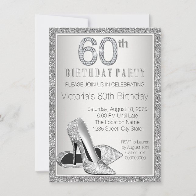 Womans Silver Glitter 60th Birthday Invitation (Front)