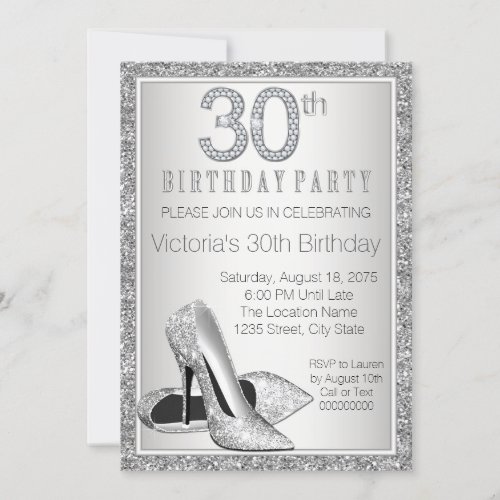 Womans Silver Glitter High Heel Shoe 30th Birthday Invitation