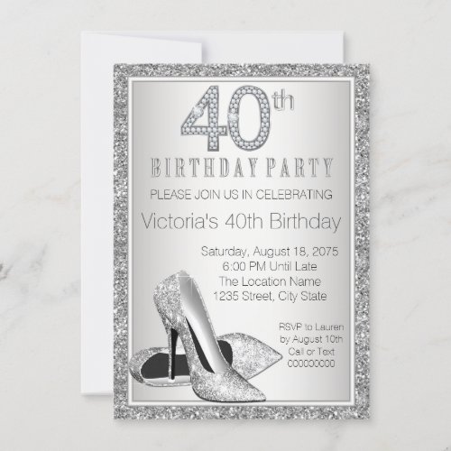 Womans Silver Glitter High Heel Shoe 40th Birthday Invitation