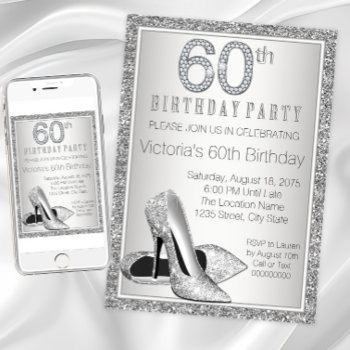 Womans Silver Glitter High Heel Shoe 60th Birthday Invitation by Pure_Elegance at Zazzle