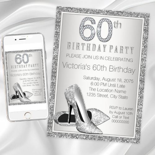 Womans Silver Glitter High Heel Shoe 60th Birthday Invitation