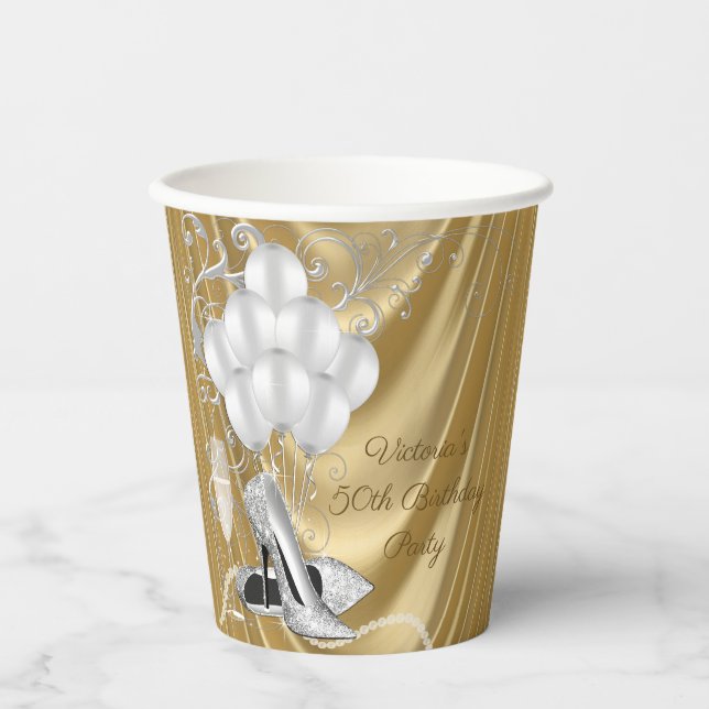Womans Silver Gold Birthday Party Paper Cups (Front)