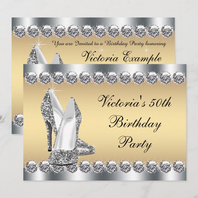 Womans Silver Gold Diamond Bling Birthday Party Invitation (Front/Back)