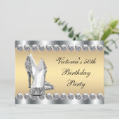 Womans Silver Gold Diamond Bling Birthday Party Invitation (Standing Front)