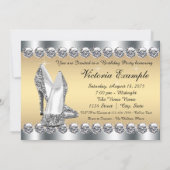 Womans Silver Gold Diamond Bling Birthday Party Invitation (Back)