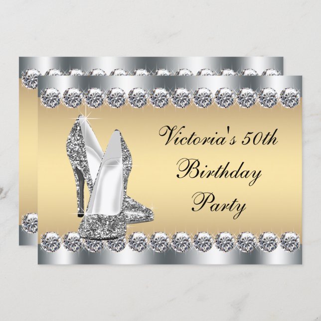 Womans Silver Gold Diamond Bling Birthday Party Invitation (Front/Back)