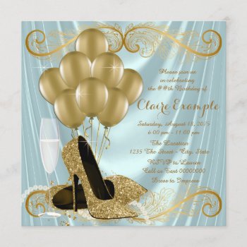Womans Teal Blue And Gold Birthday Party Glamour Invitation by Pure_Elegance at Zazzle
