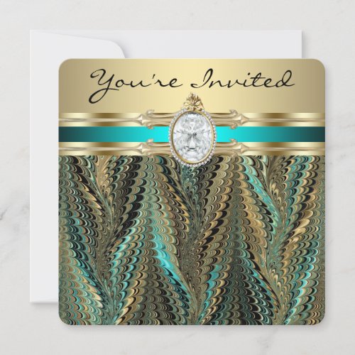 Womans Teal Blue and Gold Birthday Party Invitation