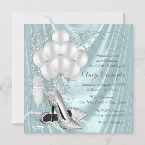 Womans Teal Blue and Silver Birthday Party Luxe Invitation | Zazzle