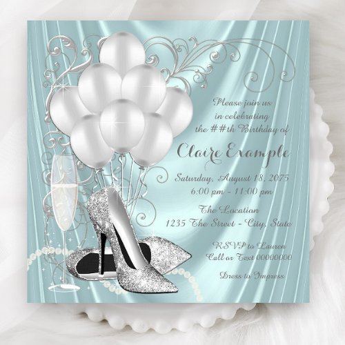 Womans Teal Blue and Silver Birthday Party Luxe Invitation