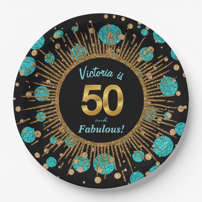 Womans Teal Blue Gold 50th Birthday Party Paper Plates (Front)