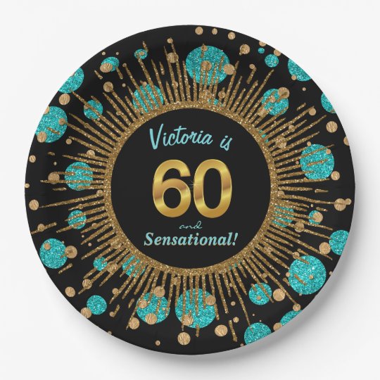 Womans Teal Blue Gold 60th Birthday Party Paper Plate ...